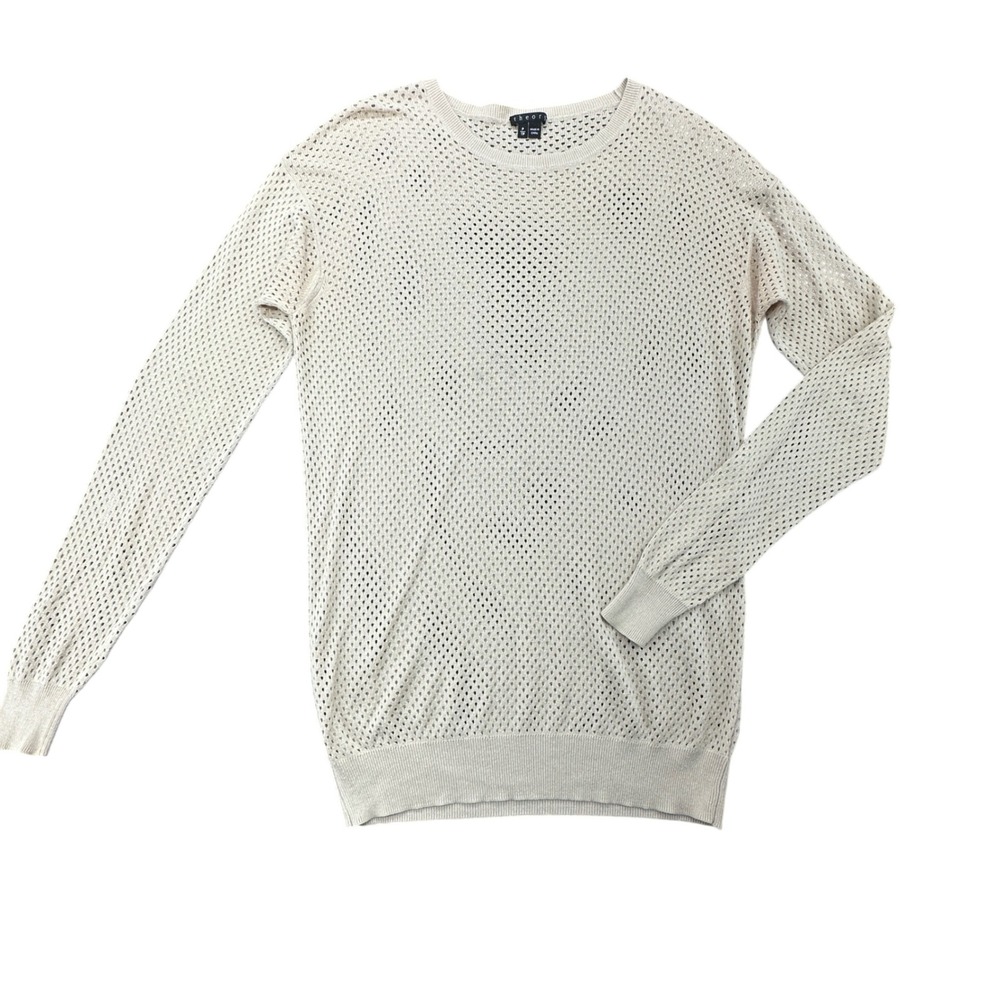 Theory Women Beige Cotton Silk Pointelle Open Knit Long Sleeve Sweater Size P TP